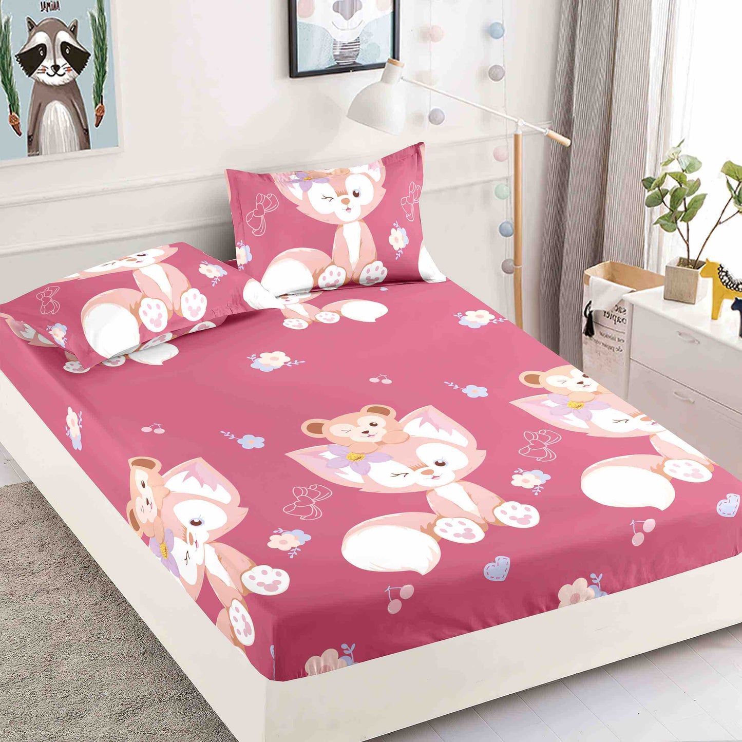 Husă de Pat cu Elastic din Finet + 2 Fețe de Pernă – Set 3 Piese, 180x200 cm – Vulpița și Ursulețul