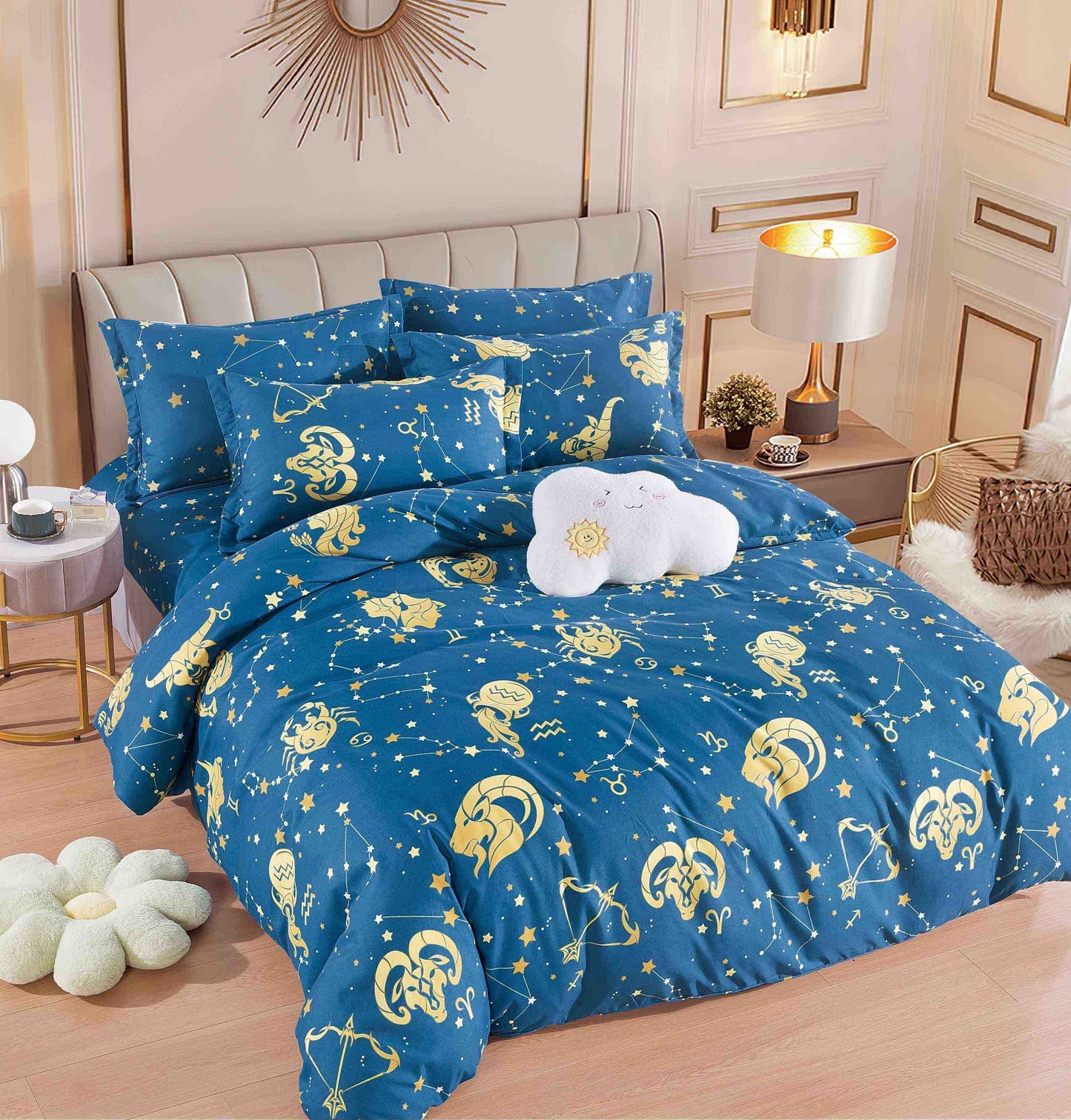 Set Lenjerie de Pat din Bumbac Tip Finet, Fără Elastic – 6 Piese – Zodiac