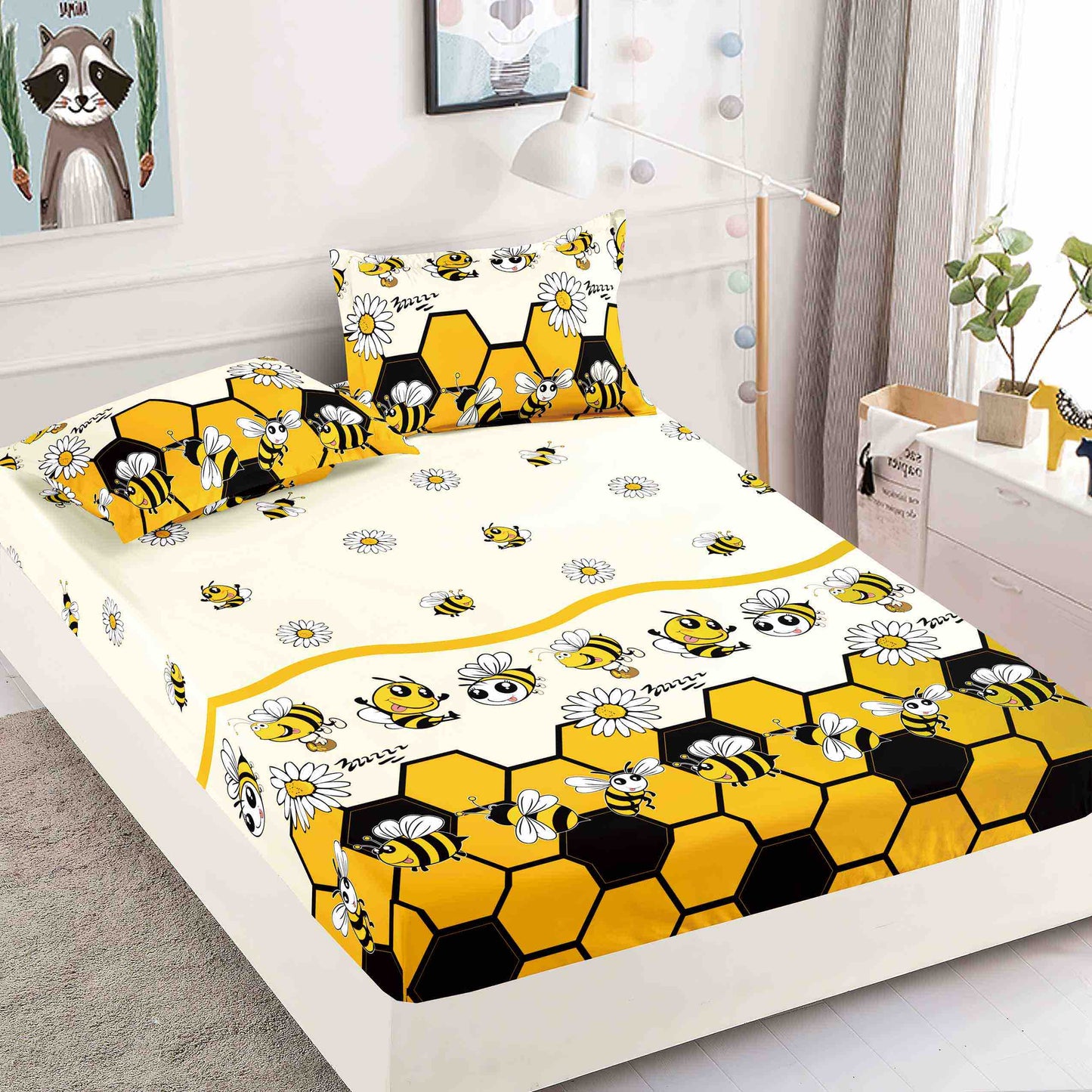Husă de Pat cu Elastic din Finet + 2 Fețe de Pernă – Set 3 Piese, 180x200 cm – Albinuțe Vesele