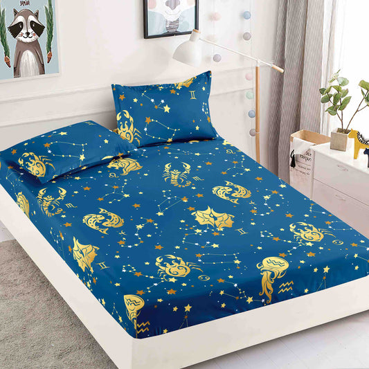 Husă de Pat cu Elastic din Finet + 2 Fețe de Pernă – Set 3 Piese, 180x200 cm – Constelații Aurii