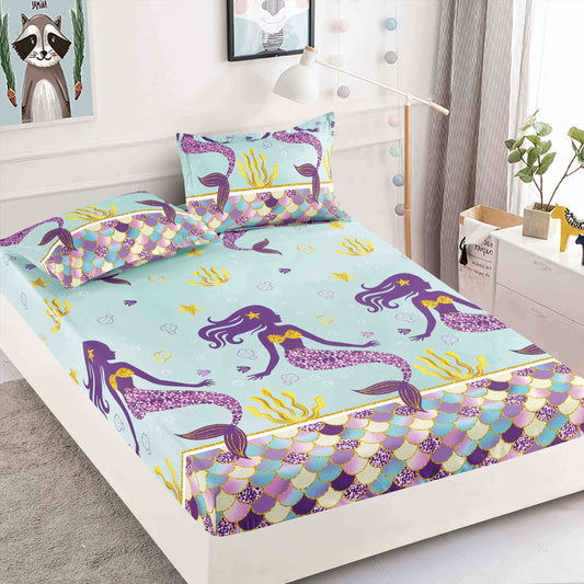 Husă de Pat cu Elastic din Finet + 2 Fețe de Pernă – Set 3 Piese, 180x200 cm – Sirene Fermecate