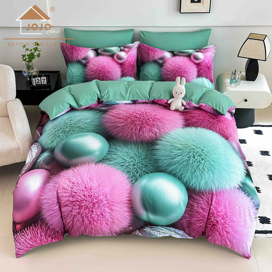 Lenjerie de Pat Finet 5D cu Cearșaf Elastic 180×200 cm – 6 Piese – Pufuri și Perle