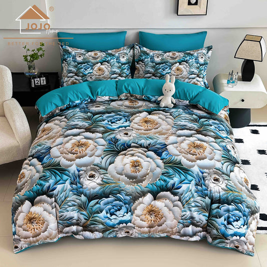 Lenjerie de Pat Finet 5D cu Cearșaf Elastic 180×200 cm – 6 Piese – Flori Albastre și Albe