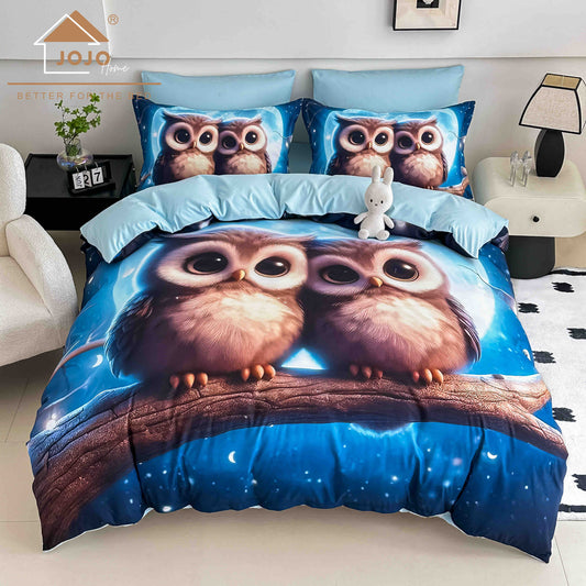 Lenjerie de Pat Finet 5D cu Cearșaf Elastic 180×200 cm – 6 Piese – Bufnițe Îndrăgostite