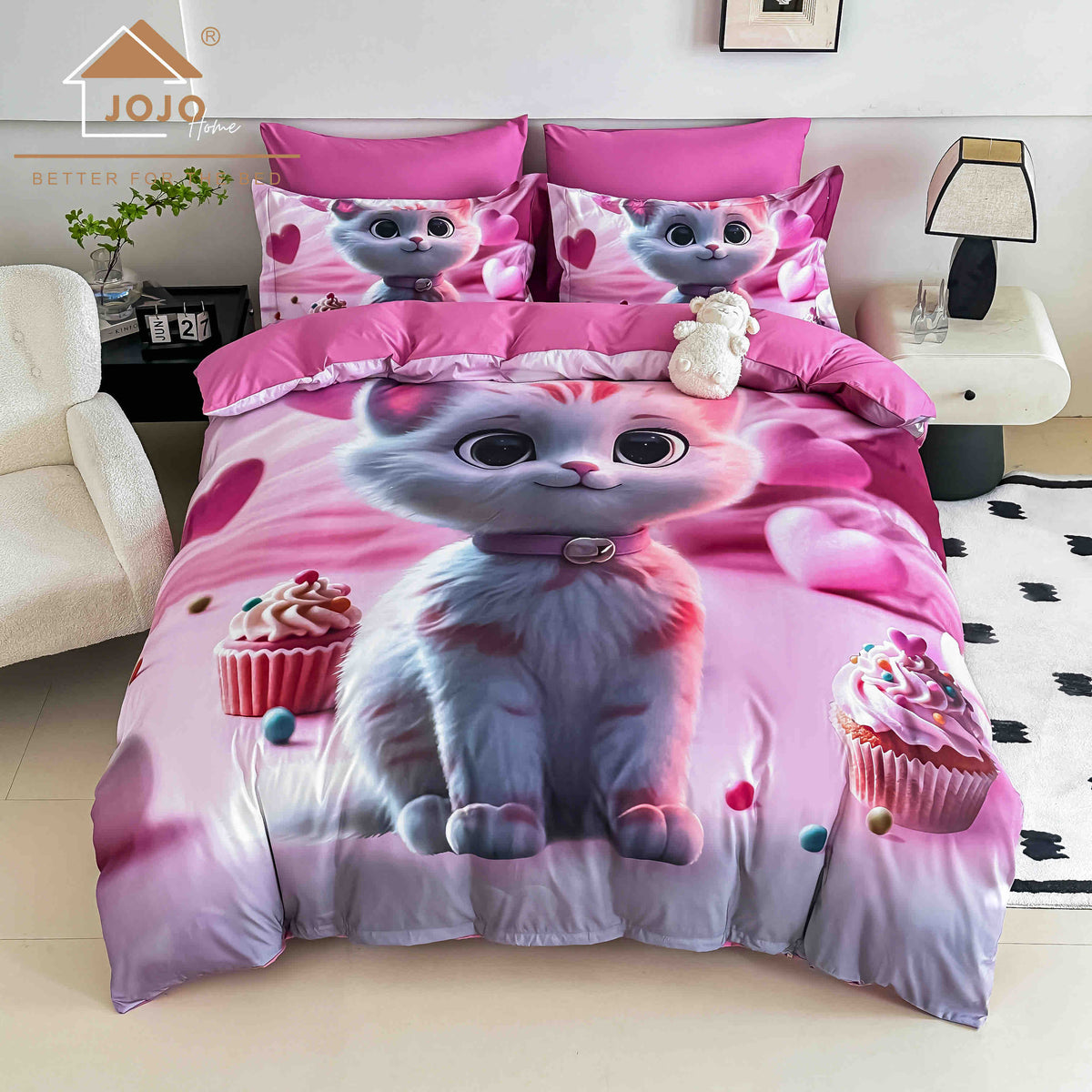 Lenjerie de Pat Finet 5D cu Cearșaf Elastic 180×200 cm – 6 Piese – Pisica Roz