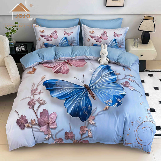 Lenjerie de Pat Finet 5D cu Cearșaf Elastic 180×200 cm – 6 Piese – Fluture Albastru