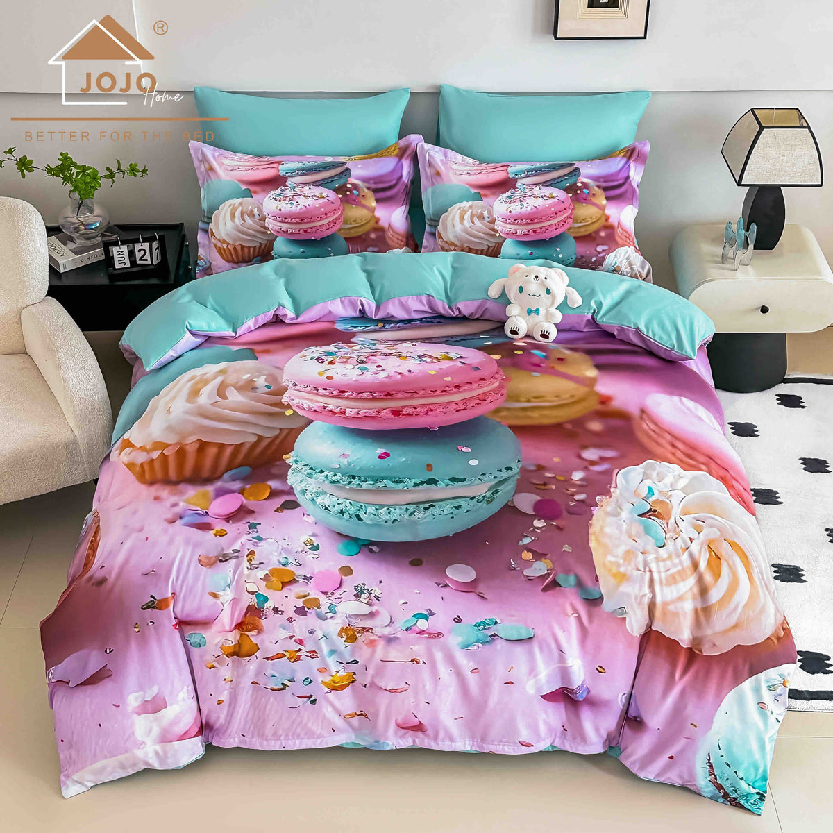 Lenjerie de Pat Finet 5D cu Cearșaf Elastic 180×200 cm – 6 Piese – Macarons