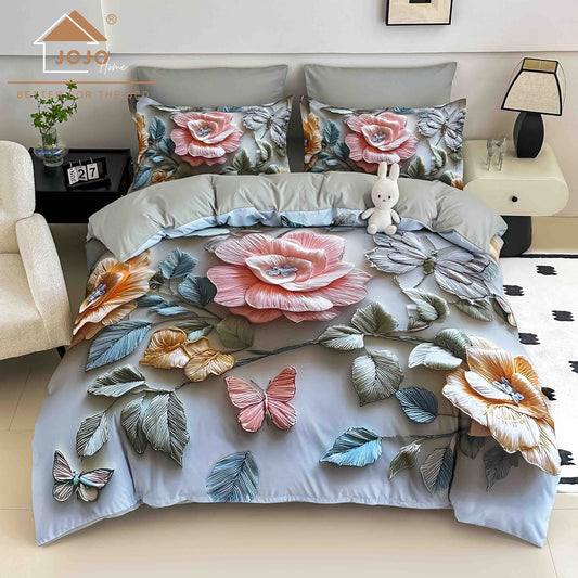 Lenjerie de Pat Finet 5D cu Cearșaf Elastic 180×200 cm – 6 Piese – Flori și Fluturi