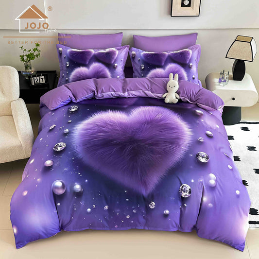 Lenjerie de Pat Finet 5D cu Cearșaf Elastic 180×200 cm – 6 Piese – Inimă Pufoasă Mov