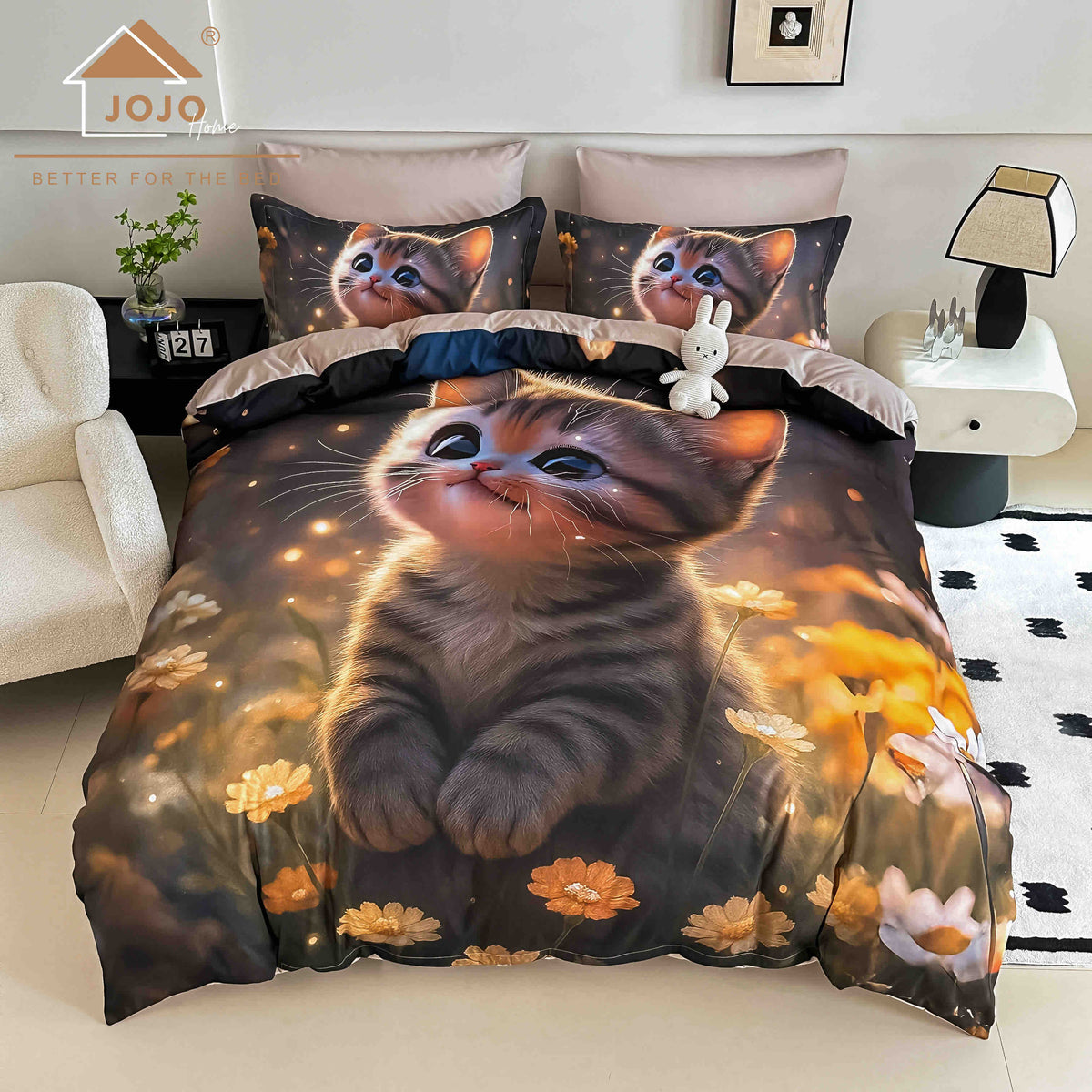 Lenjerie de Pat Finet 5D cu Cearșaf Elastic 180×200 cm – 6 Piese – Pisicuța cu Flori Aurii