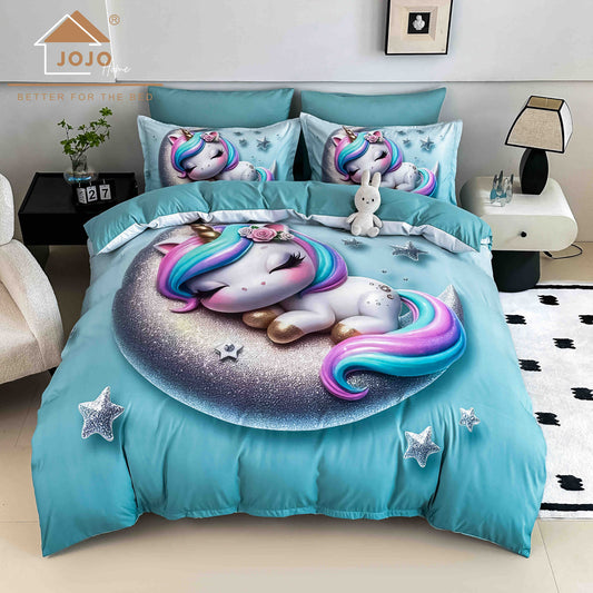 Lenjerie de Pat Finet 5D cu Cearșaf Elastic 180×200 cm – 6 Piese – Unicorn pe Lună