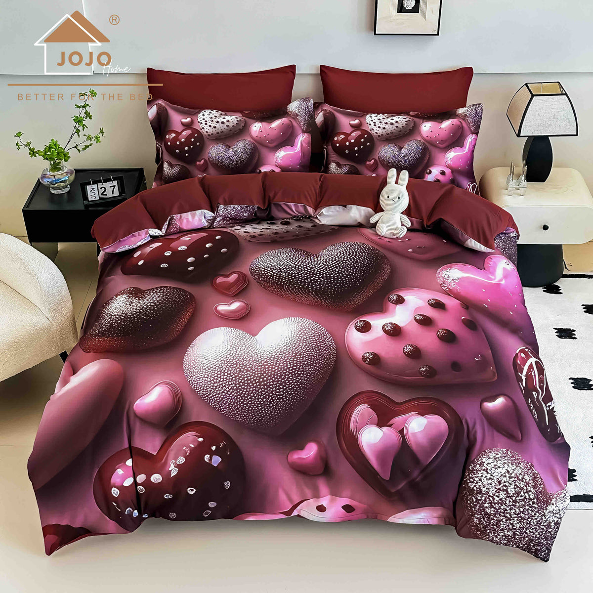 Lenjerie de Pat Finet 5D cu Cearșaf Elastic 180×200 cm – 6 Piese – Inimi de Ciocolată