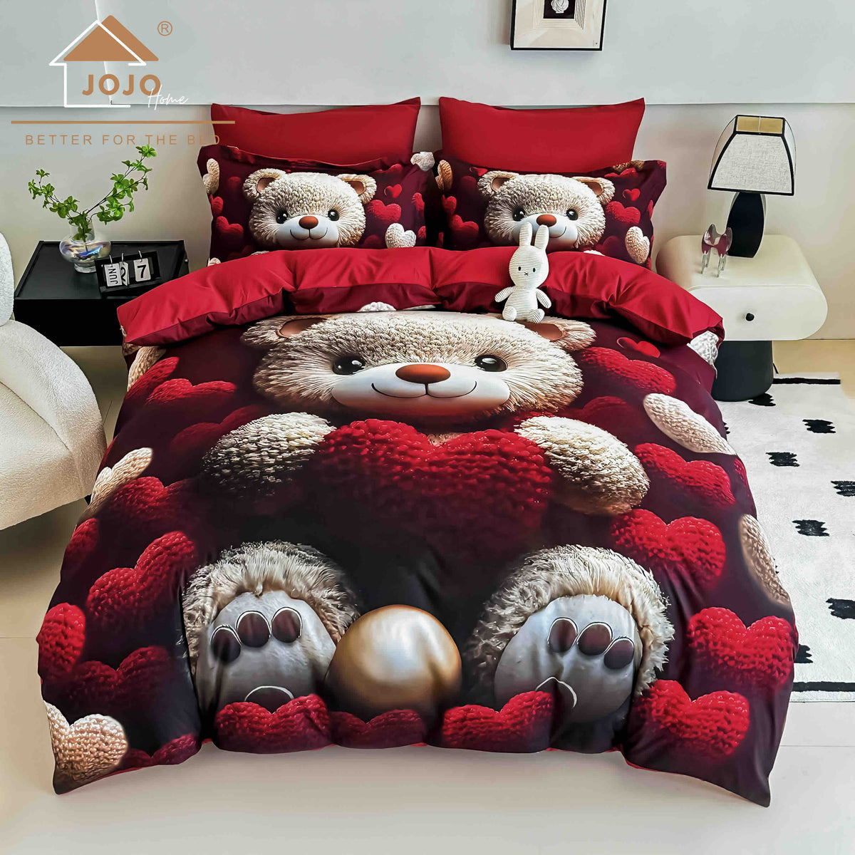 Lenjerie de Pat Finet 5D cu Cearșaf Elastic 180×200 cm – 6 Piese – Ursuleț cu Inimă