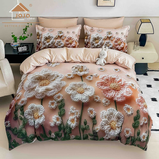 Lenjerie de Pat Finet 5D cu Cearșaf Elastic 180×200 cm – 6 Piese – Flori Piersică