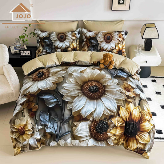 Lenjerie de Pat Finet 5D cu Cearșaf Elastic 180×200 cm – 6 Piese – Floarea Soarelui Aurie