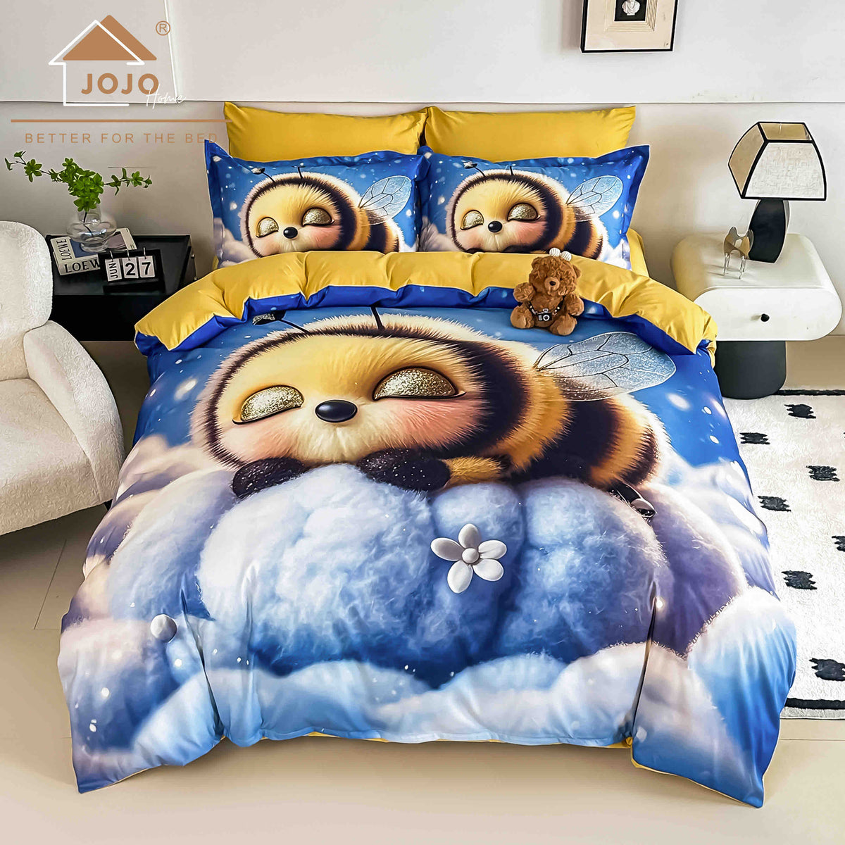 Lenjerie de Pat Finet 5D cu Cearșaf Elastic 180×200 cm – 6 Piese – Albinuța Somnoroasă