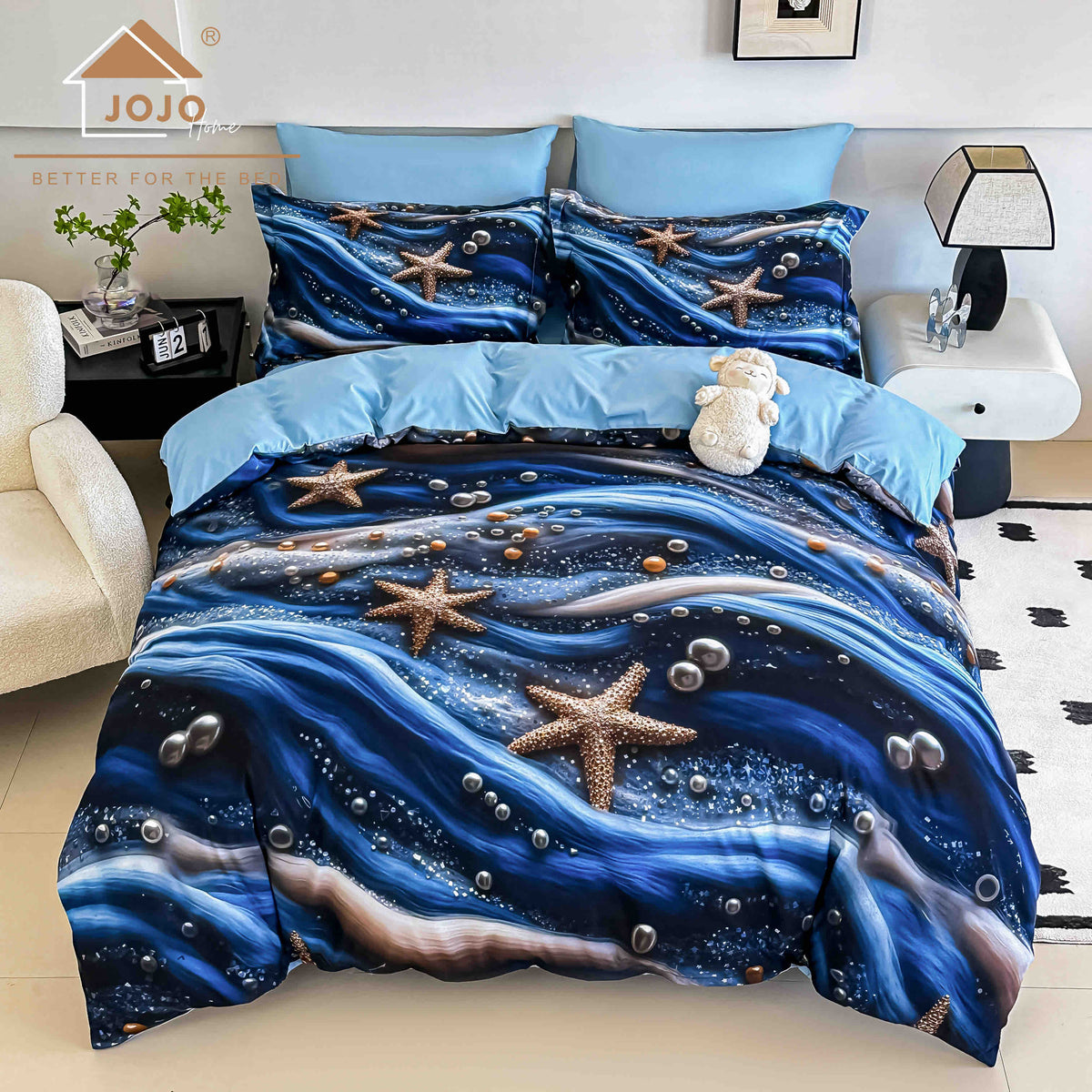 Lenjerie de Pat Finet 5D cu Cearșaf Elastic 180×200 cm – 6 Piese – Stele de Mare