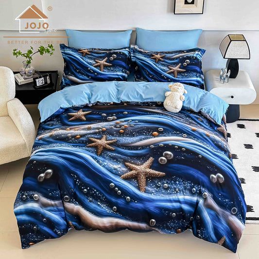 Lenjerie de Pat Finet 5D cu Cearșaf Elastic 180×200 cm – 6 Piese – Stele de Mare