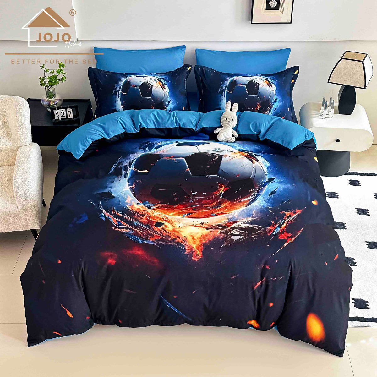 Lenjerie de Pat Finet 5D cu Cearșaf Elastic 180×200 cm – 6 Piese – Fotbal de Foc