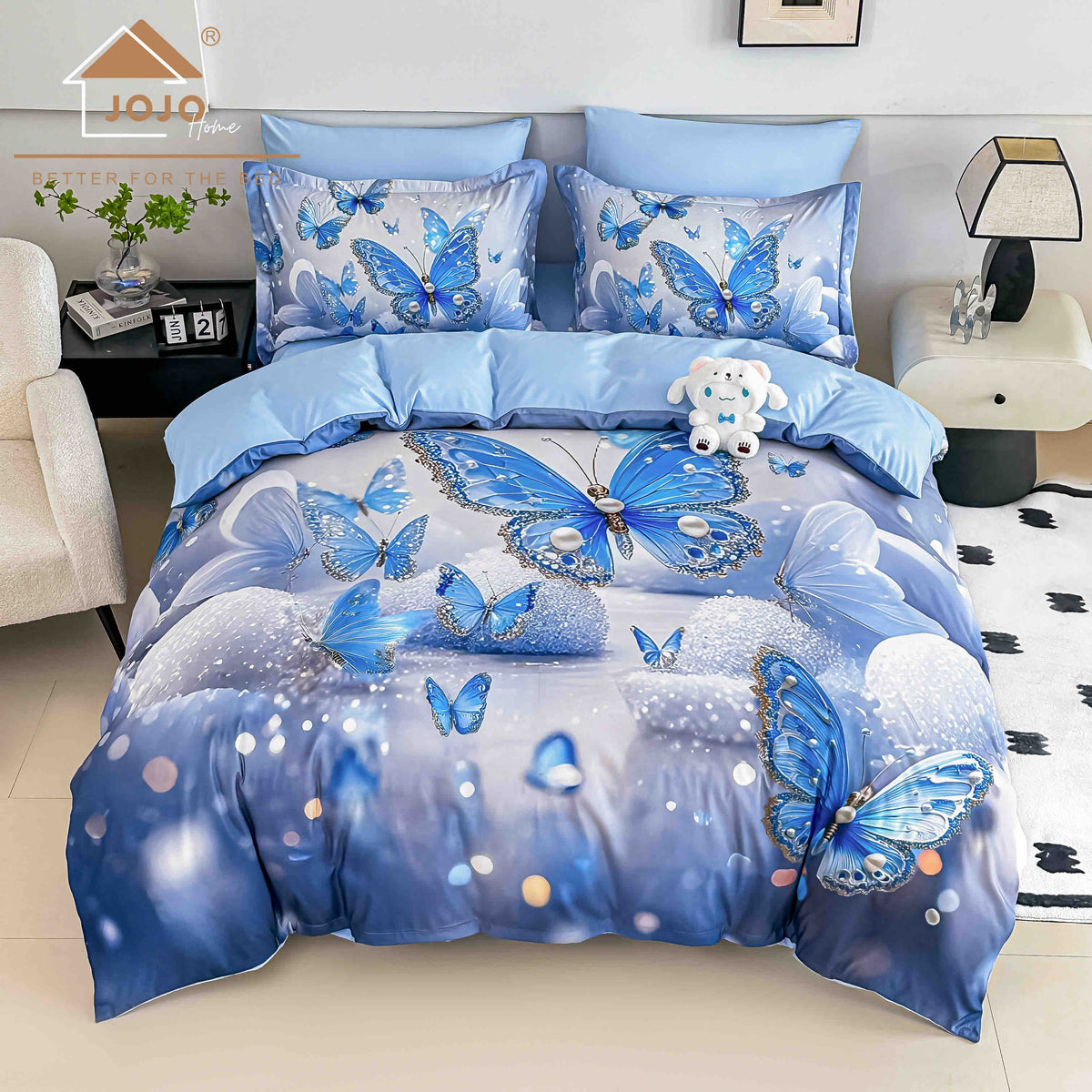 Lenjerie de Pat Finet 5D cu Cearșaf Elastic 180×200 cm – 6 Piese – Fluturi Albaștri