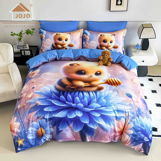 Lenjerie de Pat Finet 5D cu Cearșaf Elastic 180×200 cm – 6 Piese – Albinuța cu Miere