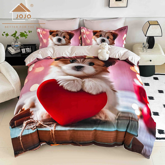 Lenjerie de Pat Finet 5D cu Cearșaf Elastic 180×200 cm – 6 Piese – Cățeluș și Inimă Roșie