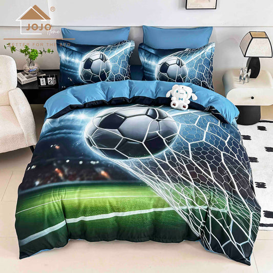 Lenjerie de Pat Finet 5D cu Cearșaf Elastic 180×200 cm – 6 Piese – Minge de Fotbal