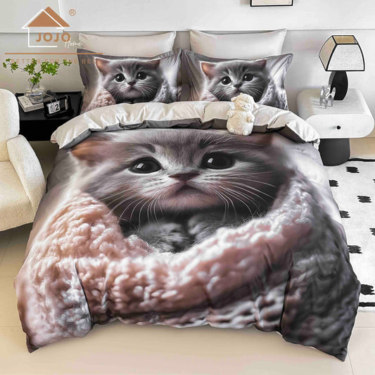 Lenjerie de Pat Finet 5D cu Cearșaf Elastic 180×200 cm – 6 Piese – Pisicuță în Pătură