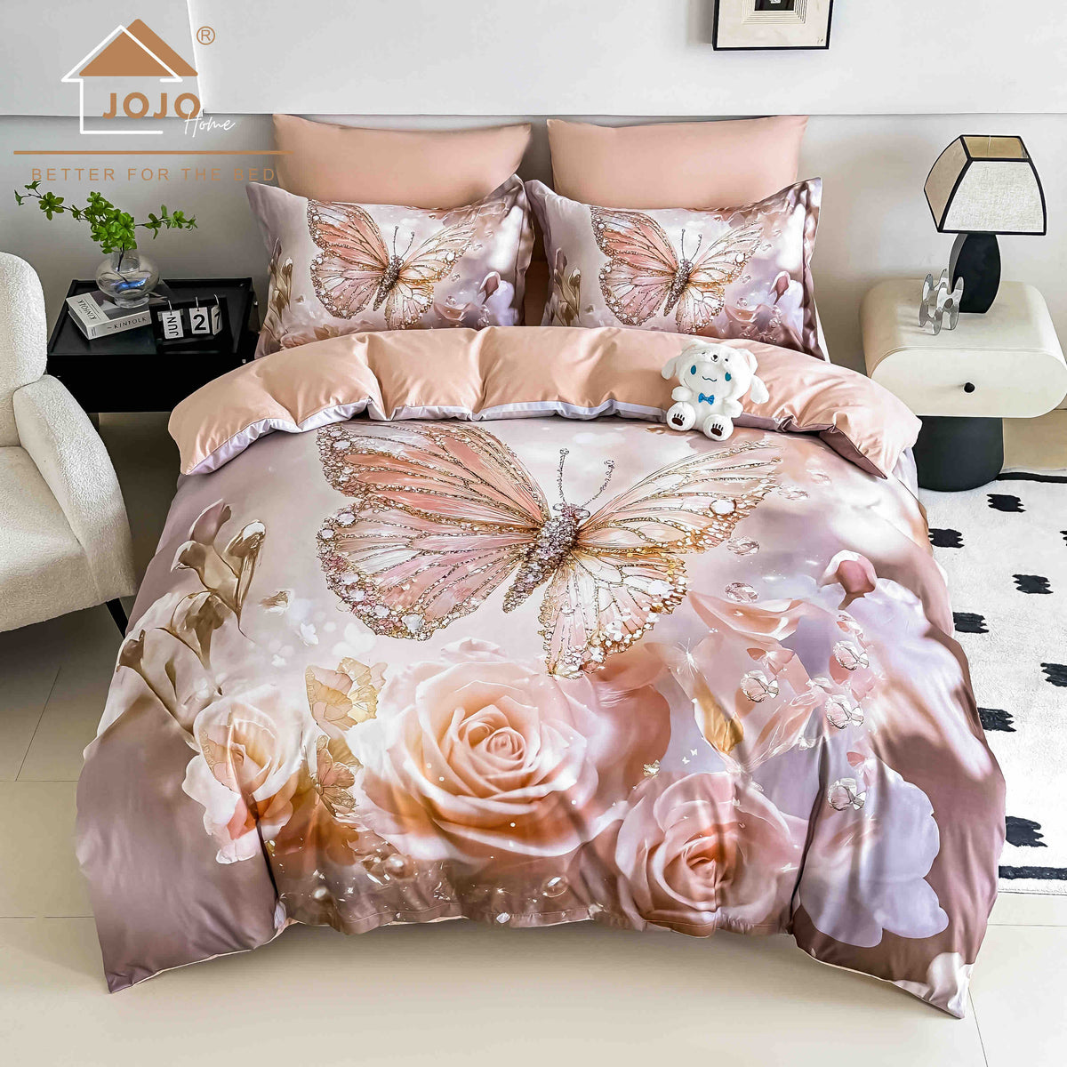 Lenjerie de Pat Finet 5D cu Cearșaf Elastic 180×200 cm – 6 Piese – Fluture Roz cu Trandafiri