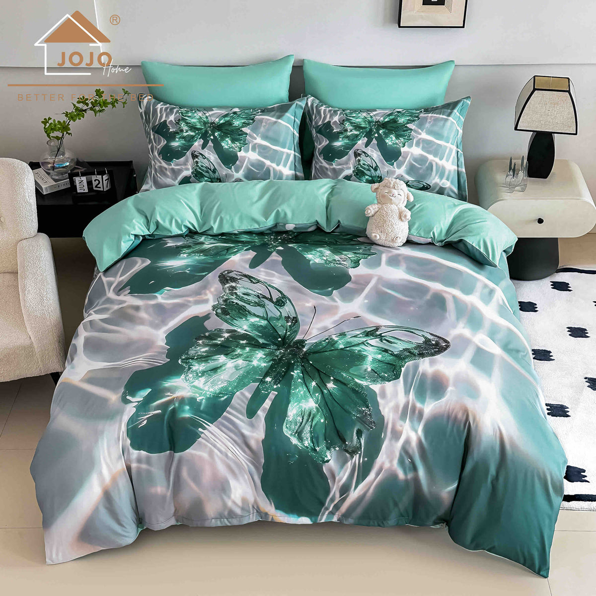 Lenjerie de Pat Finet 5D cu Cearșaf Elastic 180×200 cm – 6 Piese – Fluture de Cristal