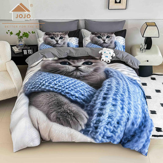 Lenjerie de Pat Finet 5D cu Cearșaf Elastic 180×200 cm – 6 Piese – Pisica Albastră