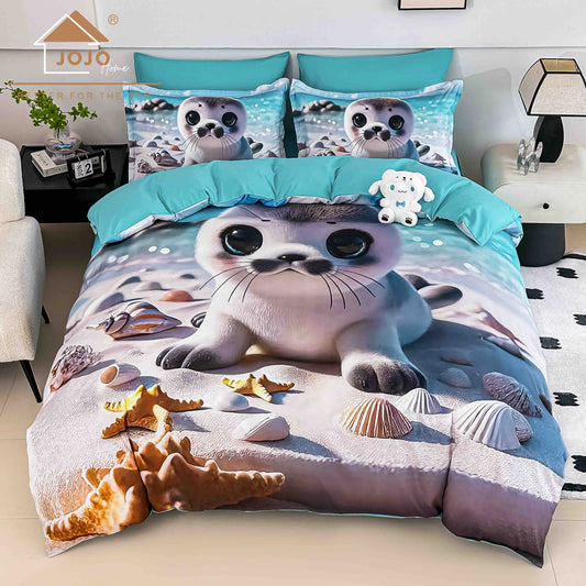 Lenjerie de Pat Finet 5D cu Cearșaf Elastic 180×200 cm – 6 Piese – Foca de Mare