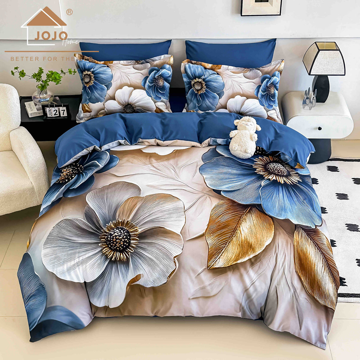 Lenjerie de Pat Finet 5D cu Cearșaf Elastic 180×200 cm – 6 Piese – Flori Albastre Auri