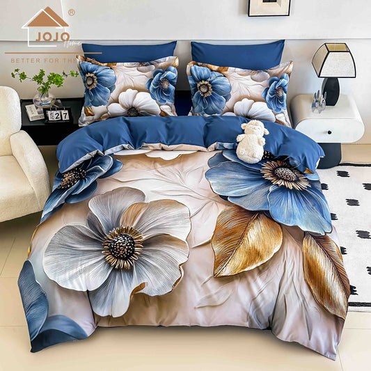 Lenjerie de Pat Finet 5D cu Cearșaf Elastic 180×200 cm – 6 Piese – Flori Albastre Auri