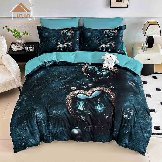 Lenjerie de Pat Finet 5D cu Cearșaf Elastic 180×200 cm – 6 Piese – Inimi cu Cristale