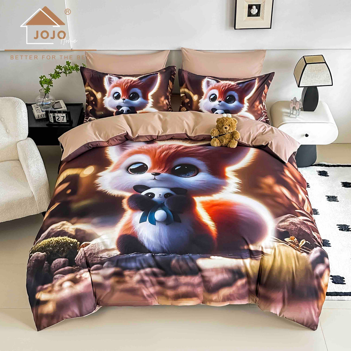 Lenjerie de Pat Finet 5D cu Cearșaf Elastic 180×200 cm – 6 Piese – Vulpea Fermecată
