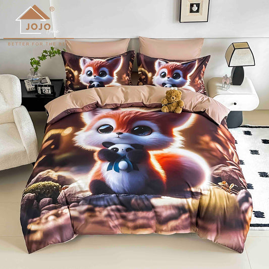 Lenjerie de Pat Finet 5D cu Cearșaf Elastic 180×200 cm – 6 Piese – Vulpea Fermecată