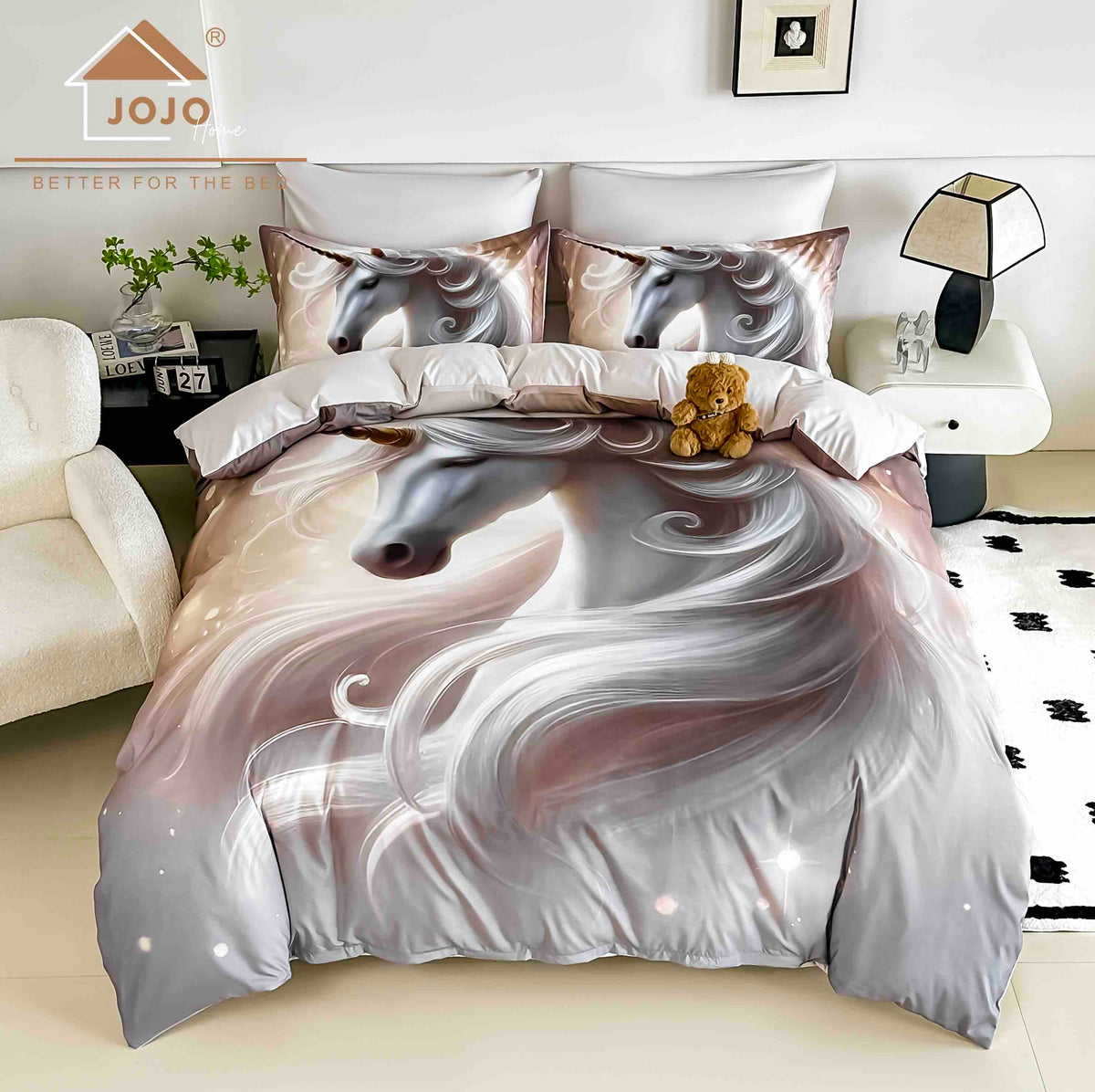 Lenjerie de Pat Finet 5D cu Cearșaf Elastic 180×200 cm – 6 Piese – Unicorn Fermecat