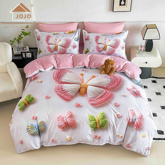 Lenjerie de Pat Finet 5D cu Cearșaf Elastic 180×200 cm – 6 Piese – Fluturi Roz