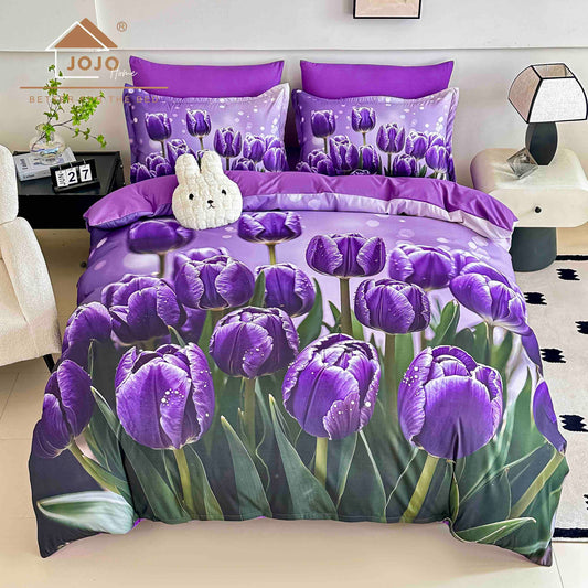 Lenjerie de Pat Finet 5D cu Cearșaf Elastic 180×200 cm – 6 Piese – Flori Mov