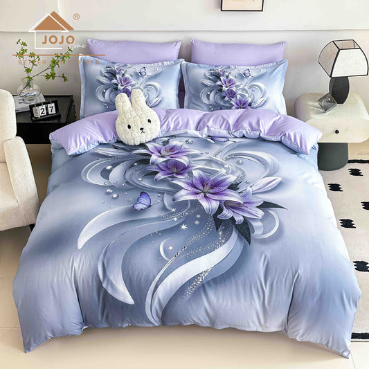Lenjerie de Pat Finet 5D cu Cearșaf Elastic 180×200 cm – 6 Piese – Crini Mov