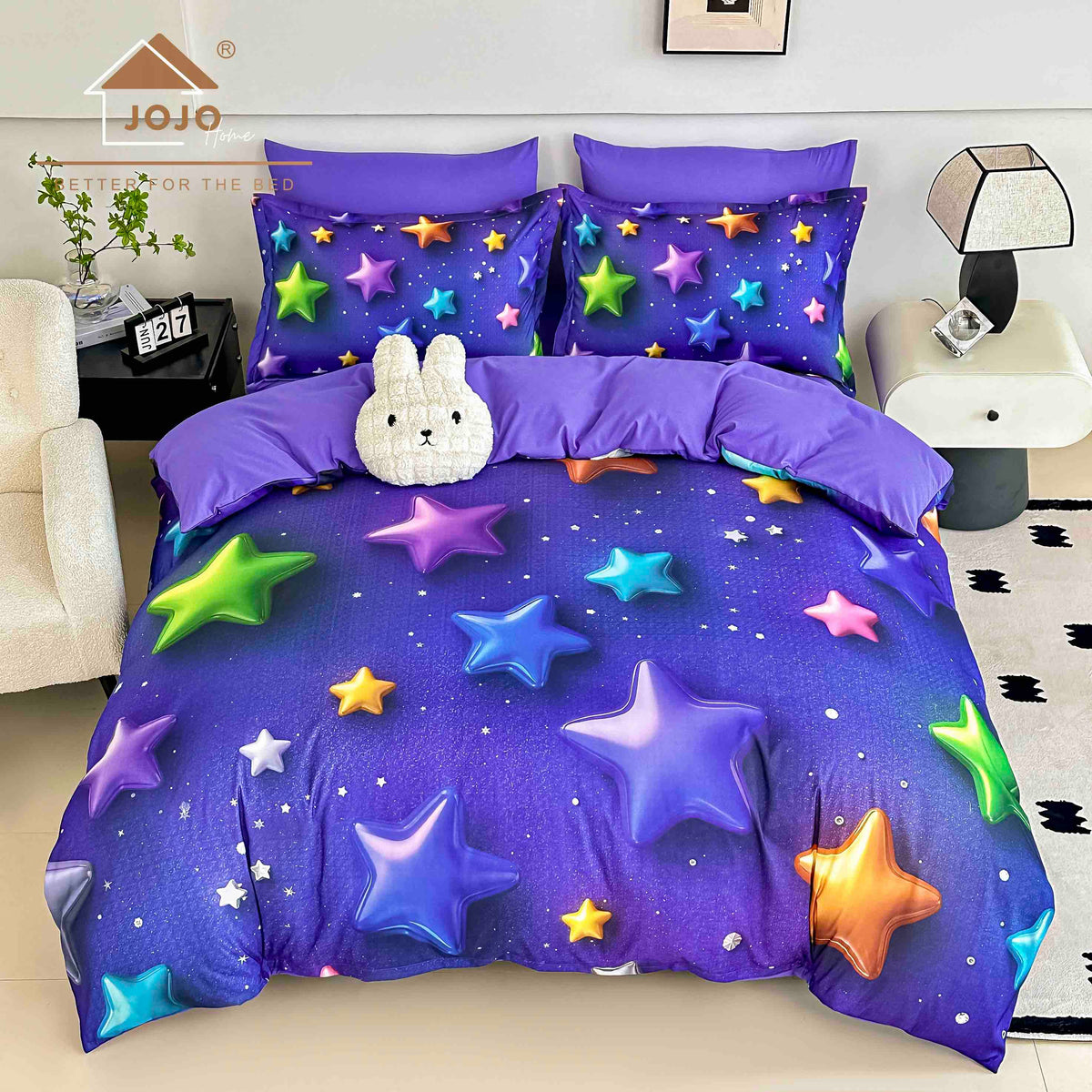 Lenjerie de Pat Finet 5D cu Cearșaf Elastic 180×200 cm – 6 Piese – Cer Înstelat