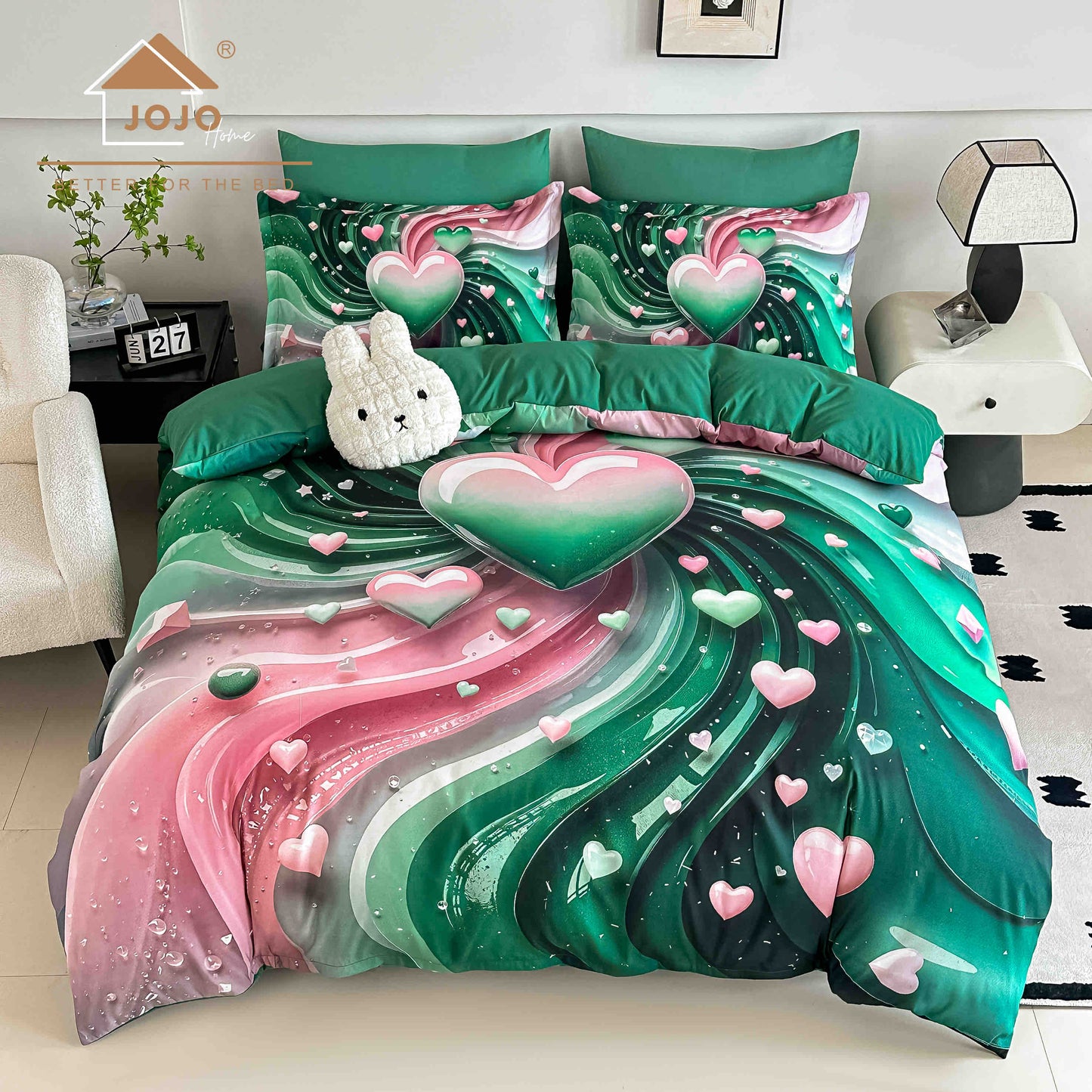 Lenjerie de Pat Finet 5D cu Cearșaf Elastic 180×200 cm – 6 Piese – Inimi de Smarald