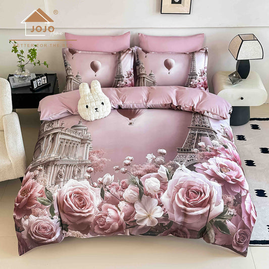 Lenjerie de Pat Finet 5D cu Cearșaf Elastic 180×200 cm – 6 Piese – Paris Romantic