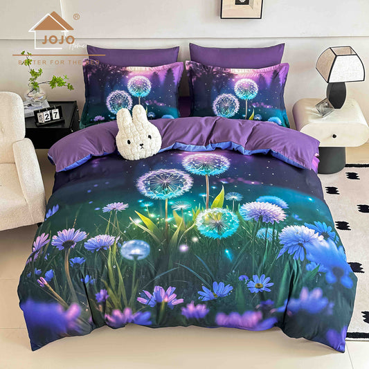 Lenjerie de Pat Finet 5D cu Cearșaf Elastic 180×200 cm – 6 Piese – Păpădii Fermecate