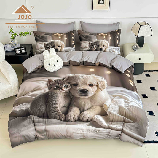 Lenjerie de Pat Finet 5D cu Cearșaf Elastic 180×200 cm – 6 Piese – Prieteni Pufoși
