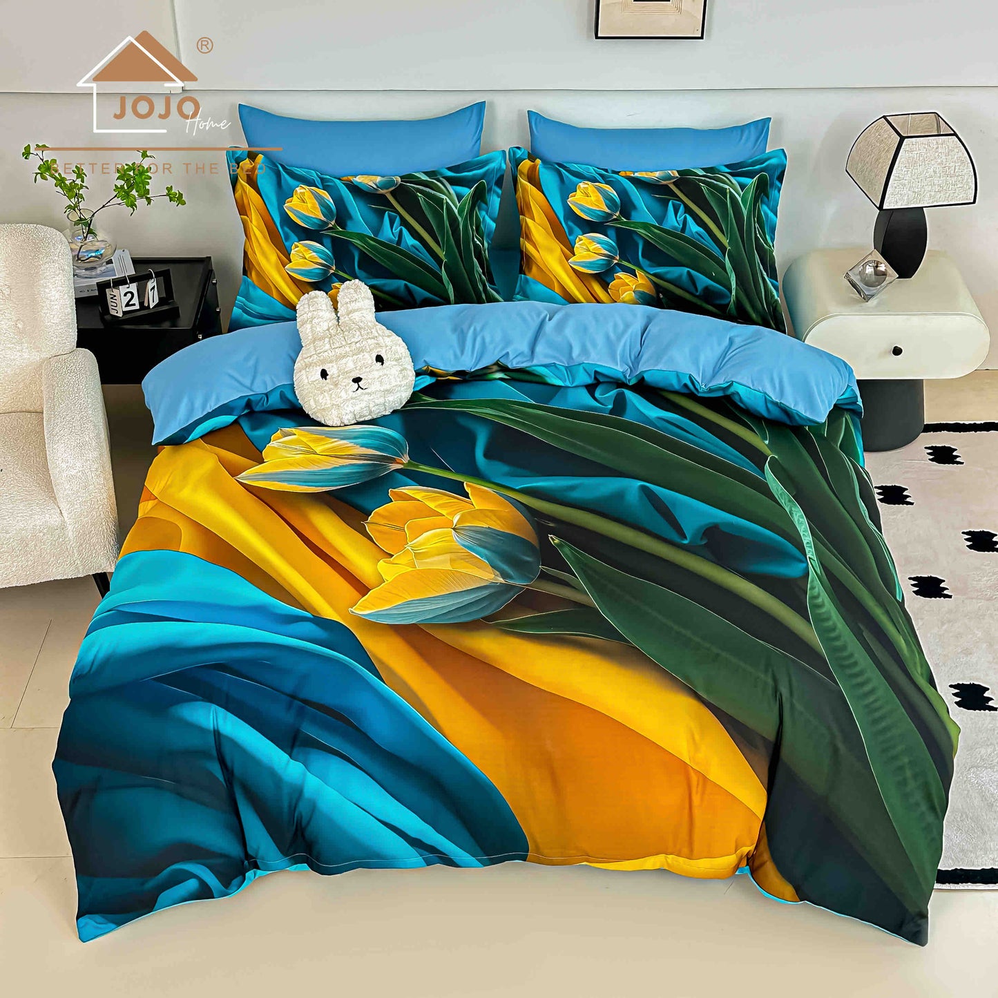 Lenjerie de Pat Finet 5D cu Cearșaf Elastic 180×200 cm – 6 Piese – Lalele Aurii