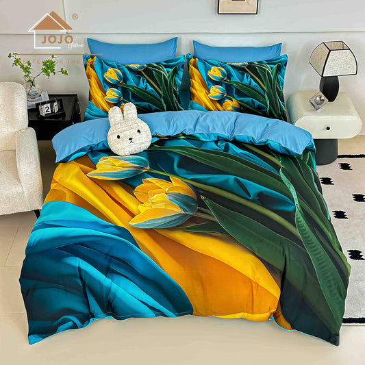 Lenjerie de Pat Finet 5D cu Cearșaf Elastic 180×200 cm – 6 Piese – Lalele Aurii