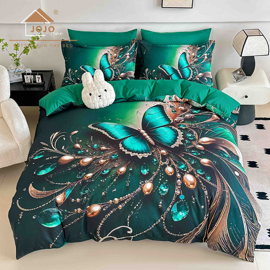 Lenjerie de Pat Finet 5D cu Cearșaf Elastic 180×200 cm – 6 Piese – Fluture de Smarald