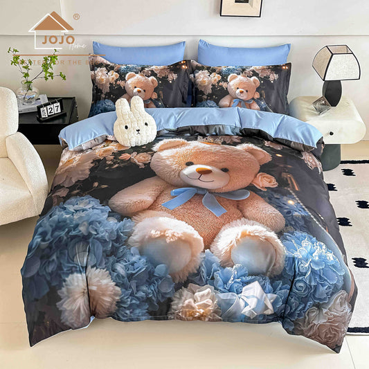 Lenjerie de Pat Finet 5D cu Cearșaf Elastic 180×200 cm – 6 Piese – Ursuleț Albastru